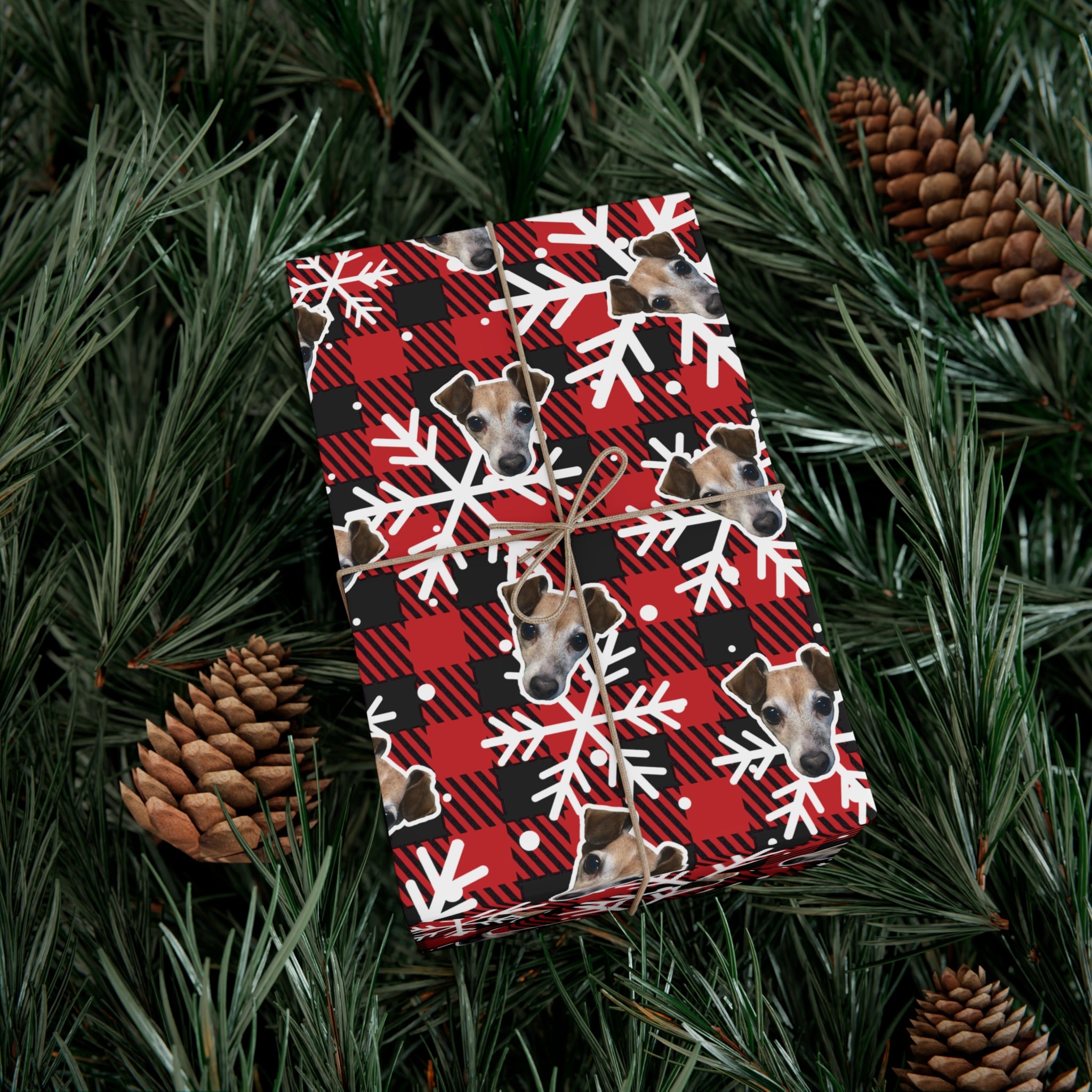CUSTOM PET FACE Gift Wrap Paper. Plaid Snowflakes Print.