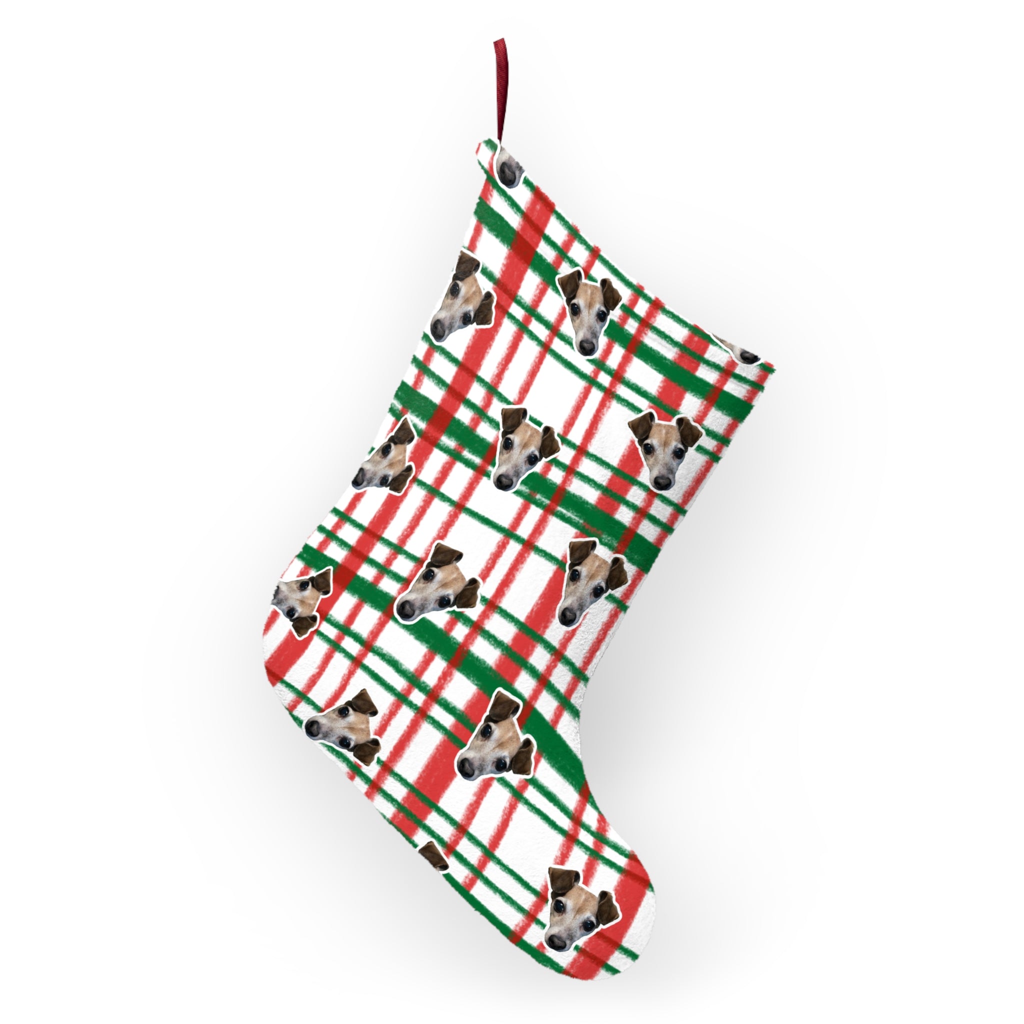 CUSTOM PET FACE Christmas Stocking. Christmas Plaid Print.