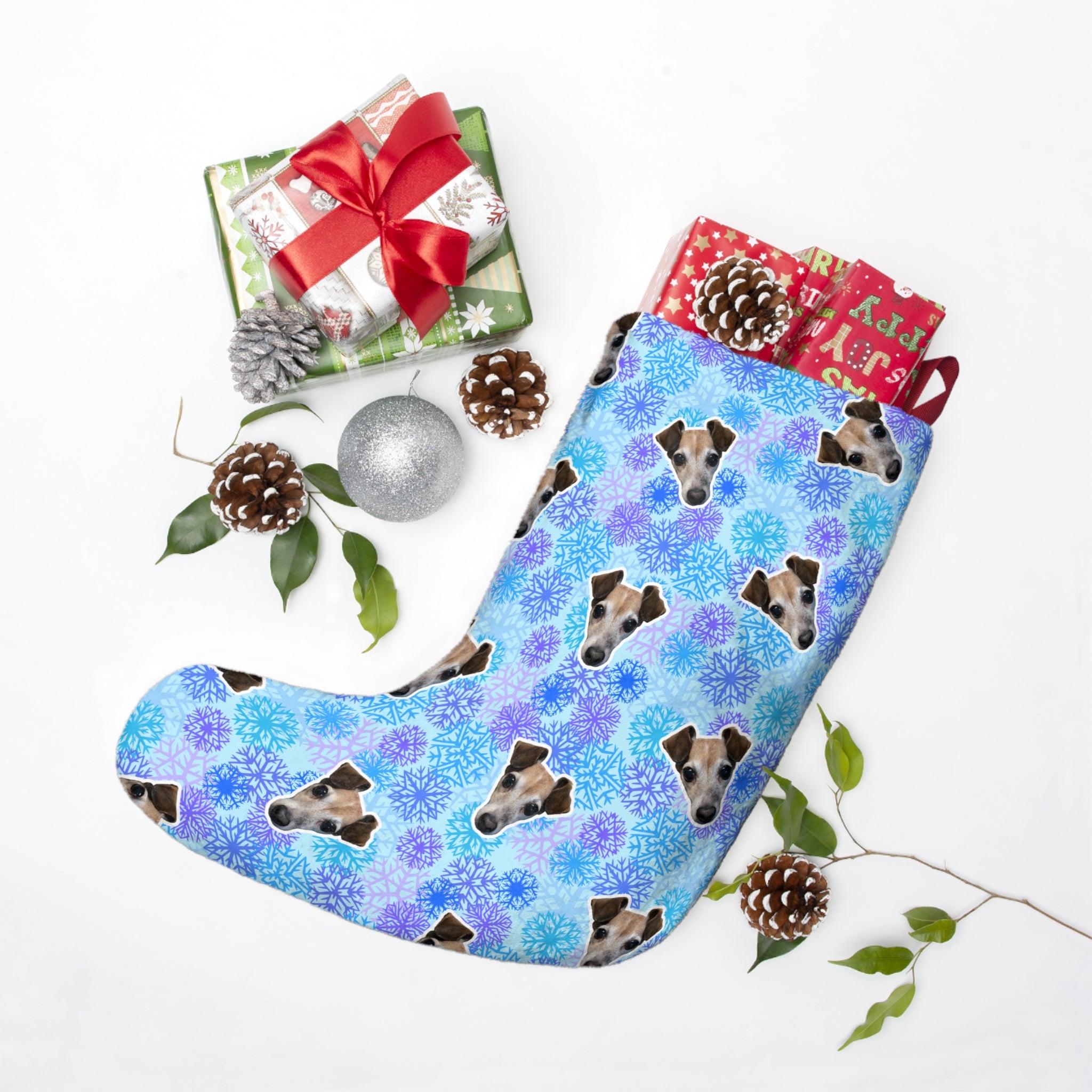 CUSTOM PET FACE Christmas Stocking. Frozen Snowflakes Print.
