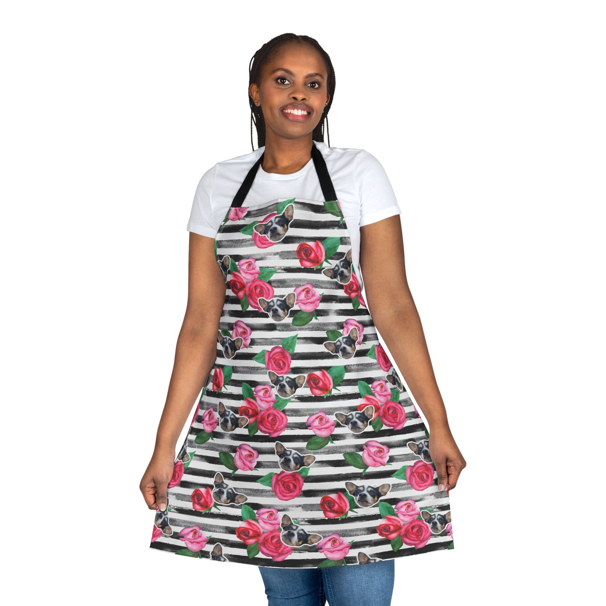 CUSTOM PET FACE Kitchen Apron. Stripes & Roses Print.