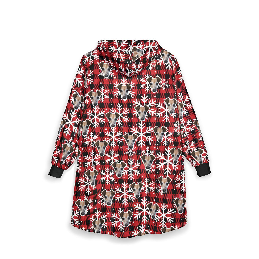 CUSTOM PET FACE Cozy Hooded Blanket. Plaid Snowflakes Print.