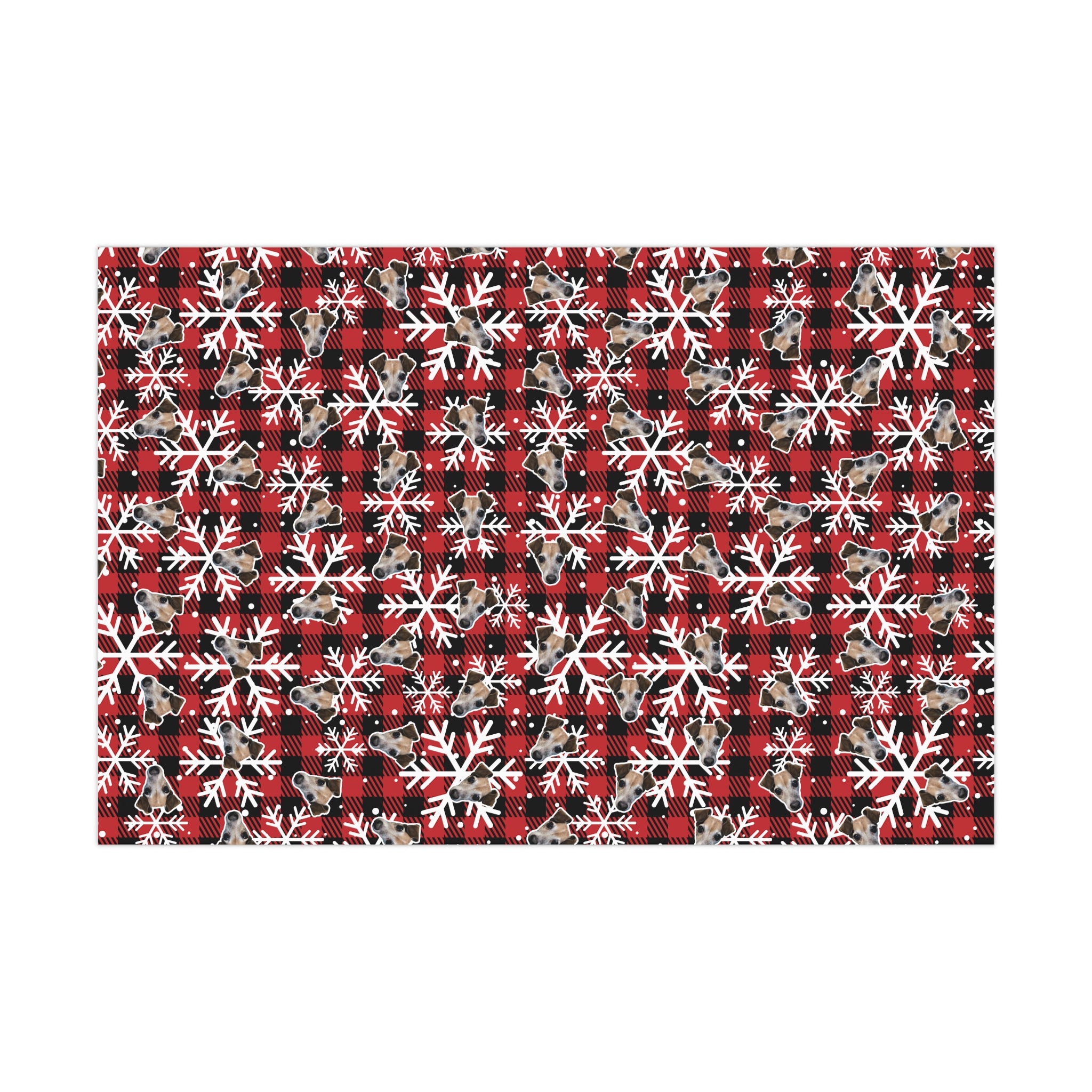 CUSTOM PET FACE Gift Wrap Paper. Plaid Snowflakes Print.