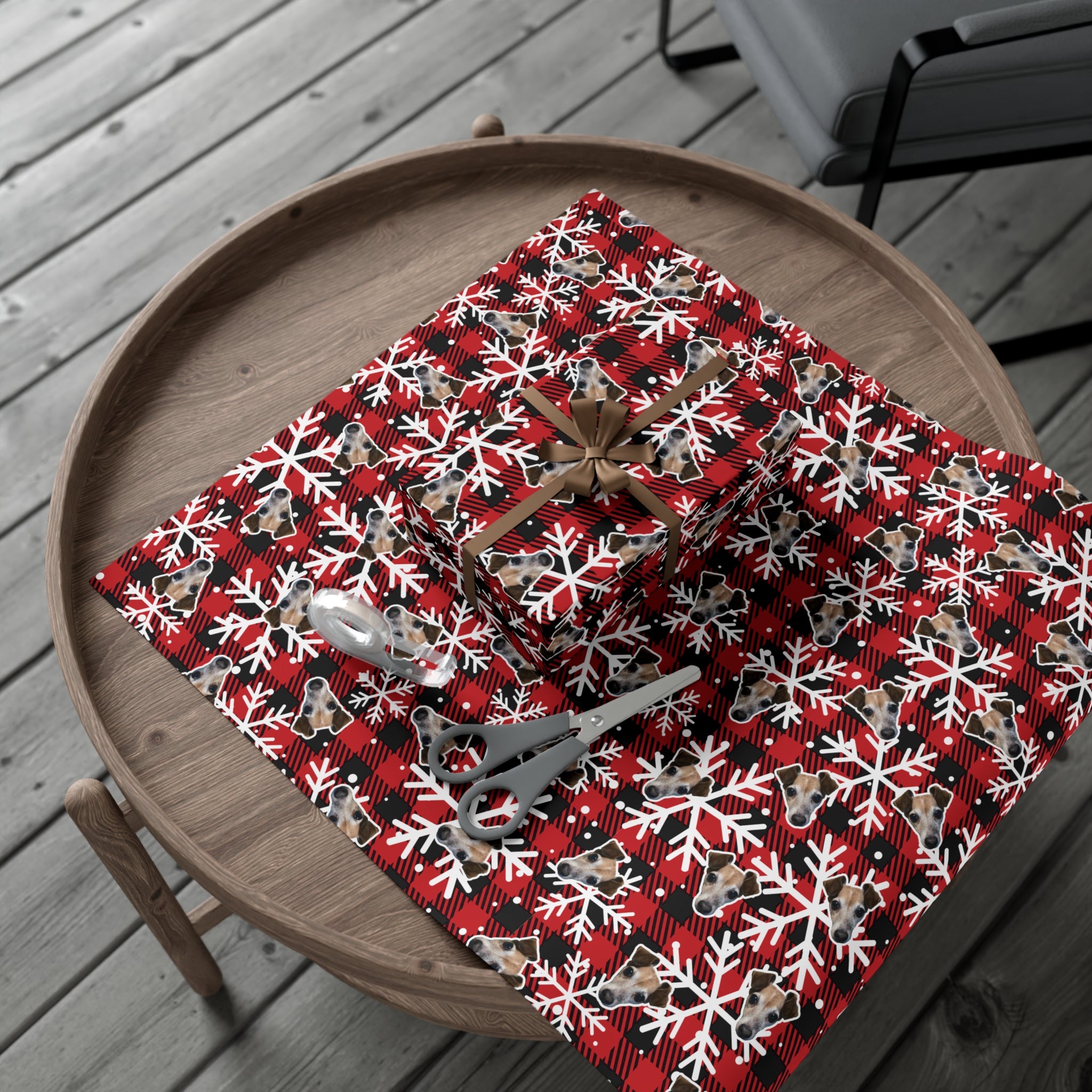 CUSTOM PET FACE Gift Wrap Paper. Plaid Snowflakes Print.