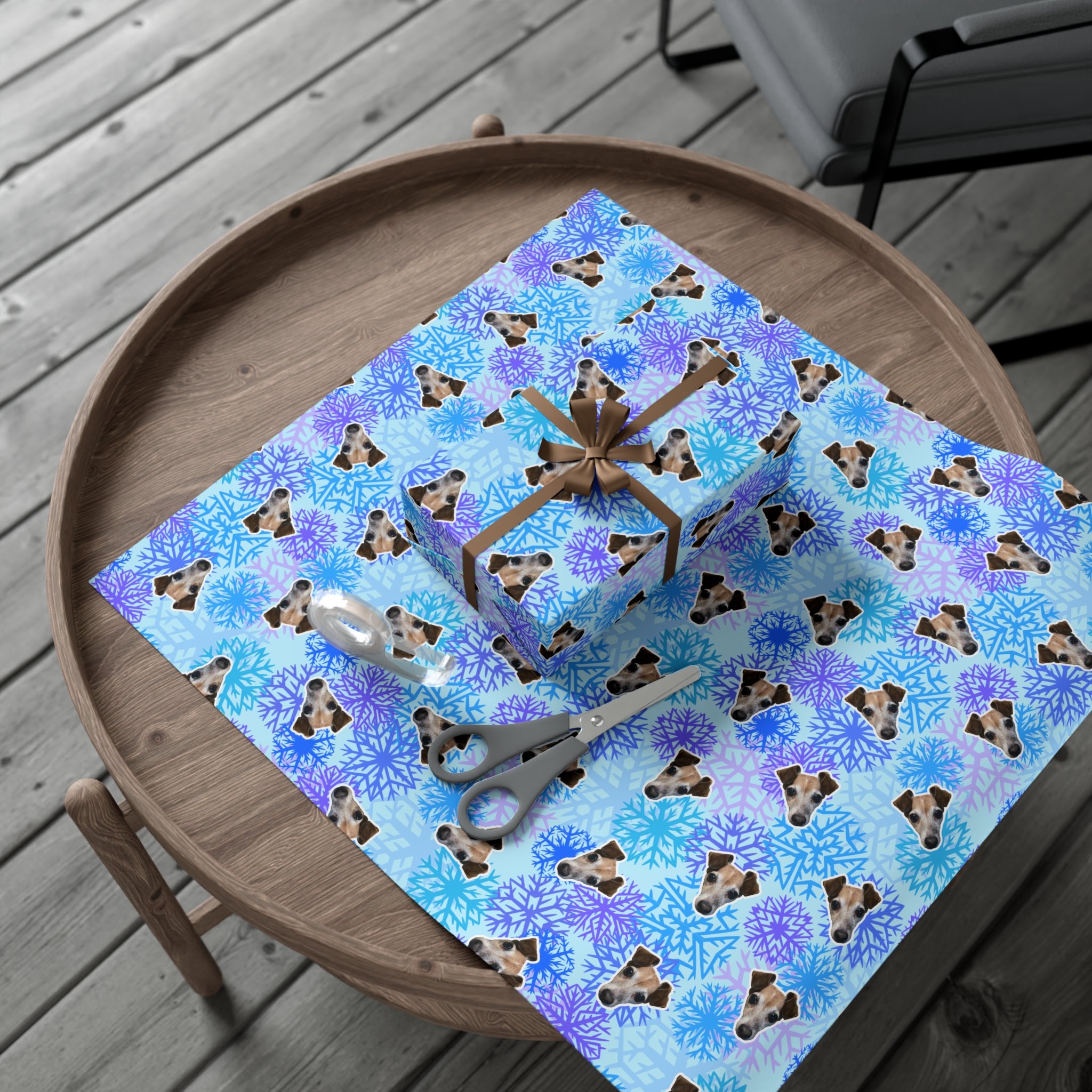 CUSTOM PET FACE Gift Wrap Paper. Frozen Snowflakes Print.