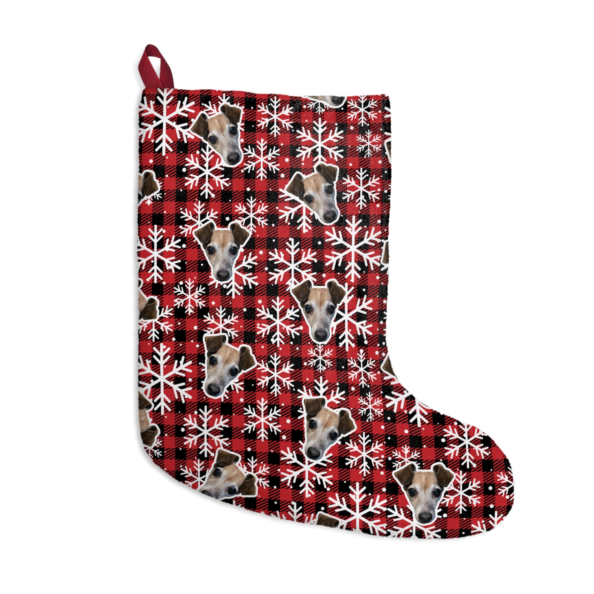 CUSTOM PET FACE Christmas Stocking. Plaid Snowflakes Print.