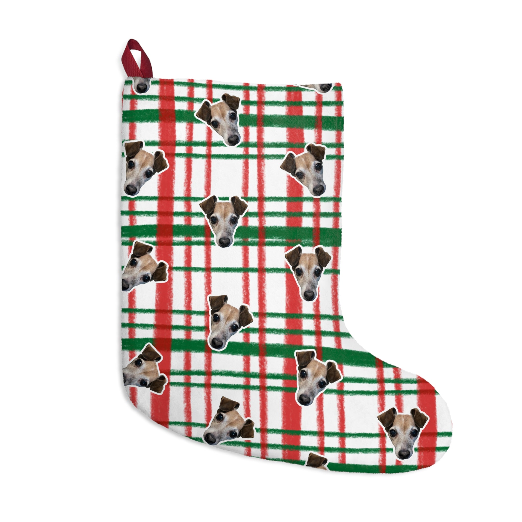 CUSTOM PET FACE Christmas Stocking. Christmas Plaid Print.