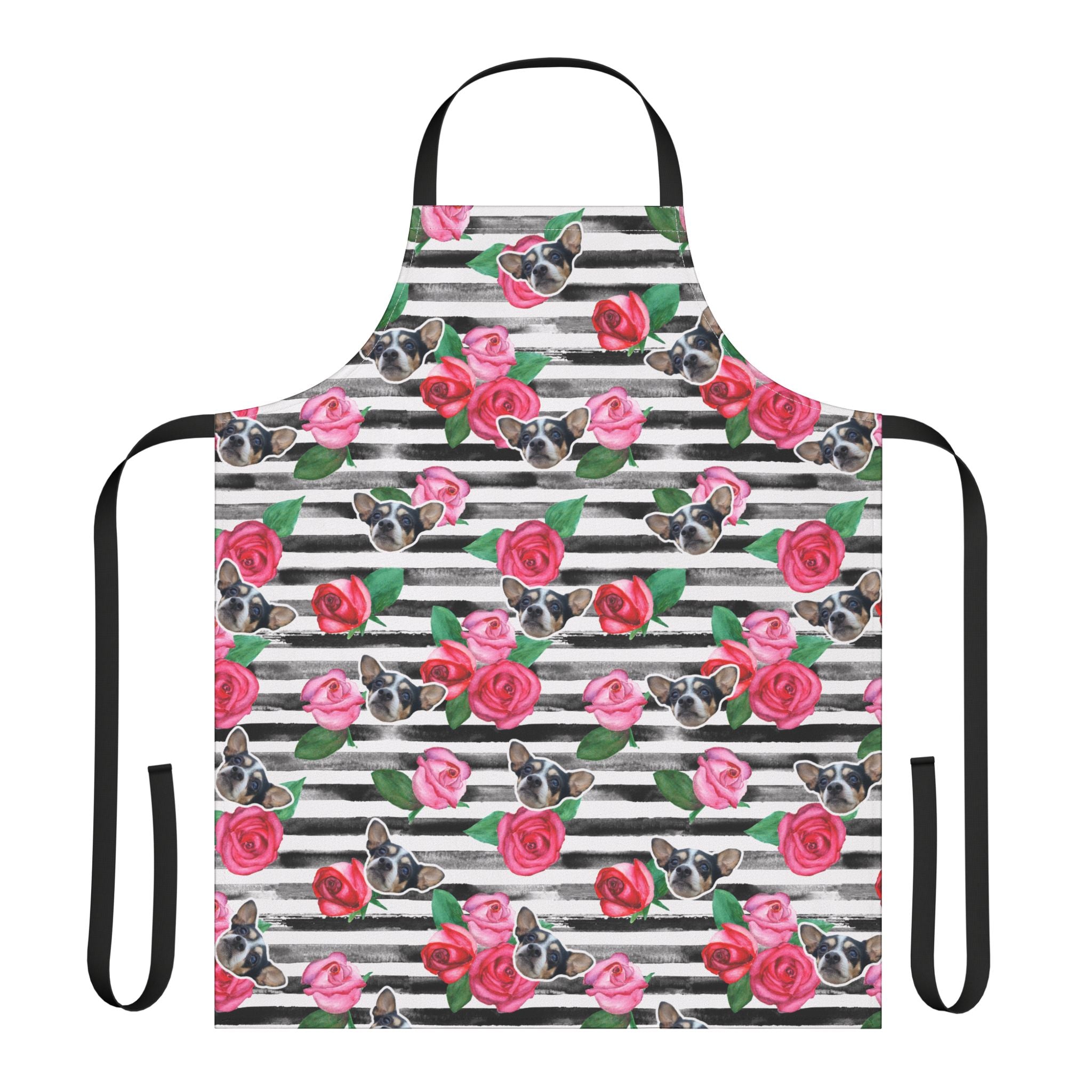 CUSTOM PET FACE Kitchen Apron. Stripes & Roses Print.