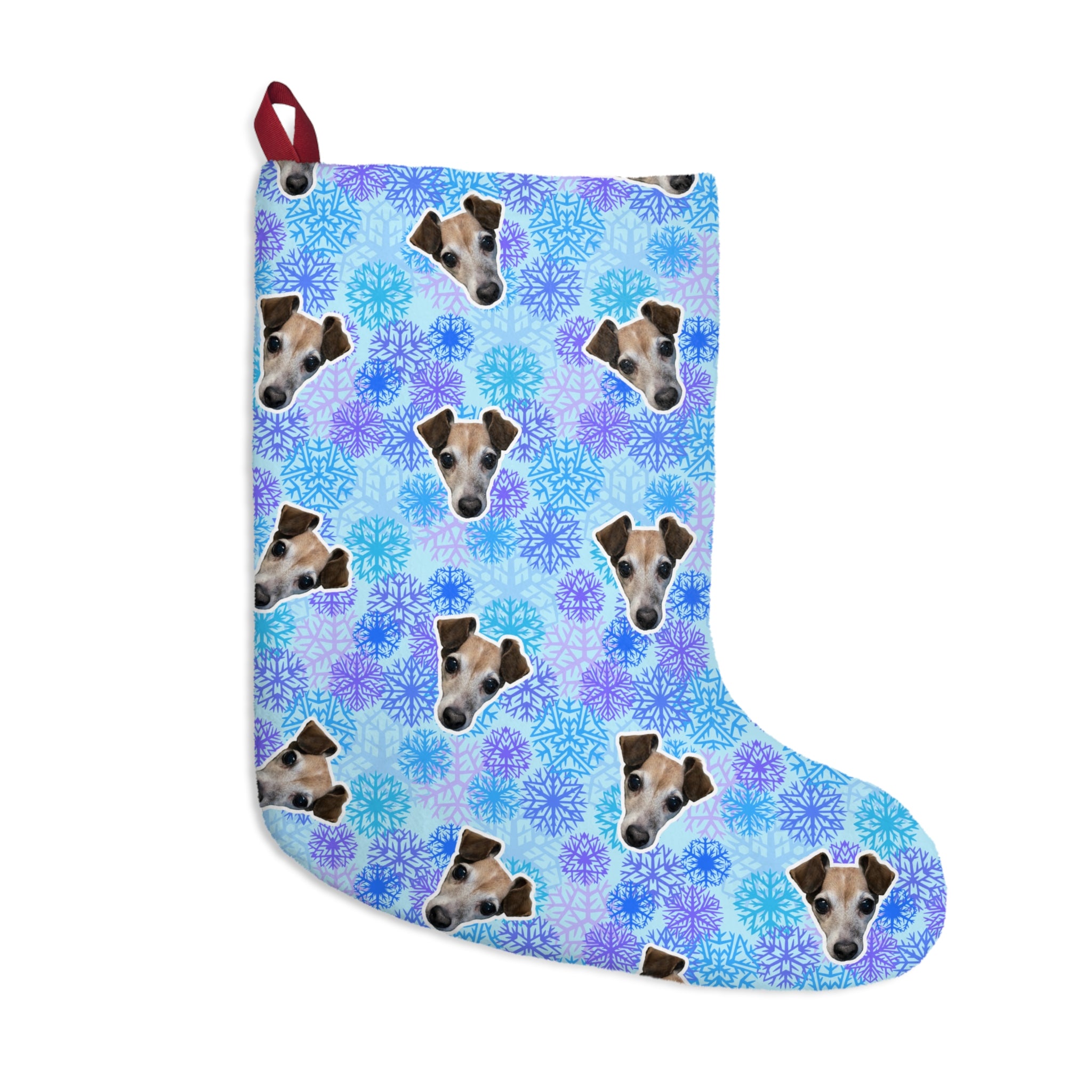 CUSTOM PET FACE Christmas Stocking. Frozen Snowflakes Print.