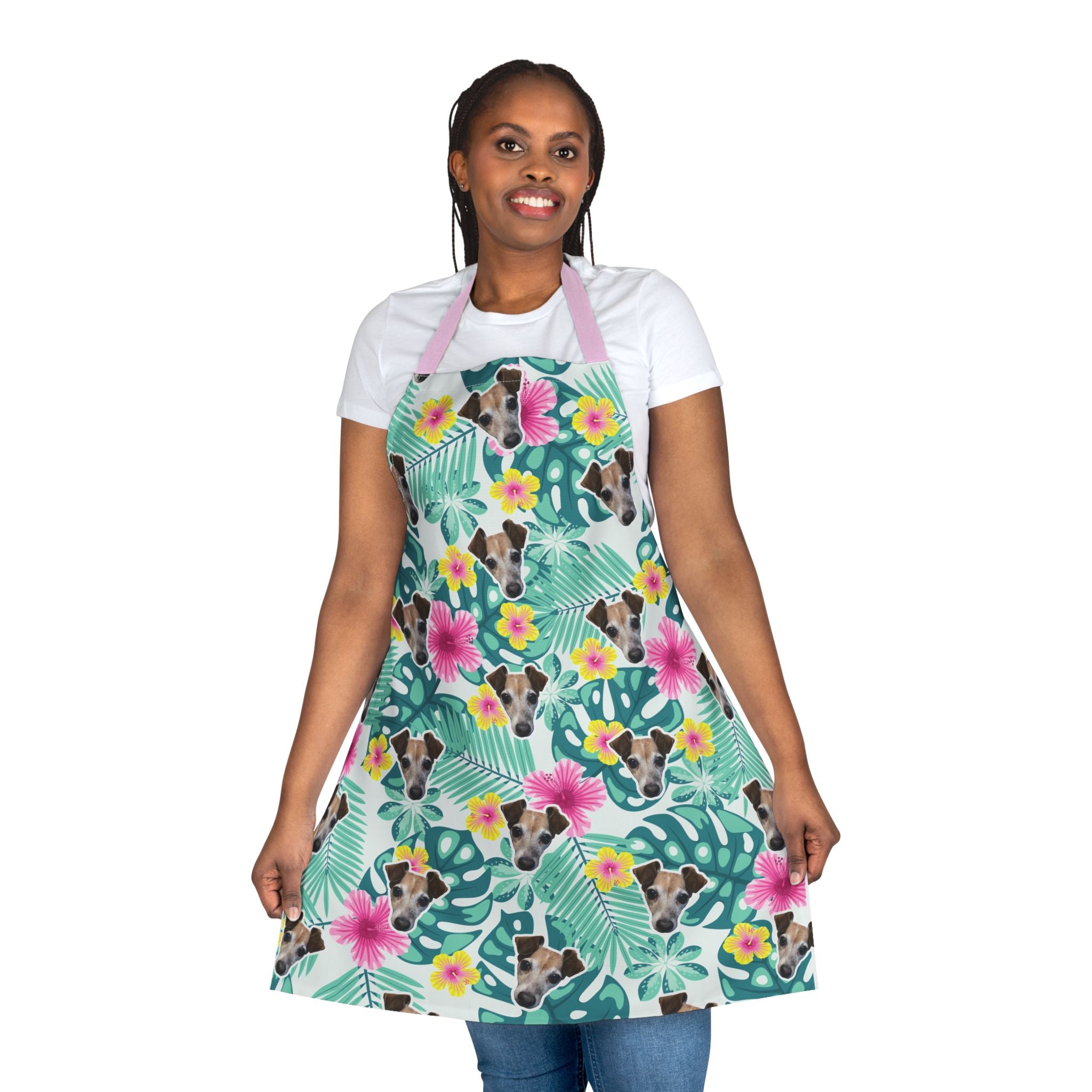 CUSTOM PET FACE Kitchen Apron. Tropical Floral Print.