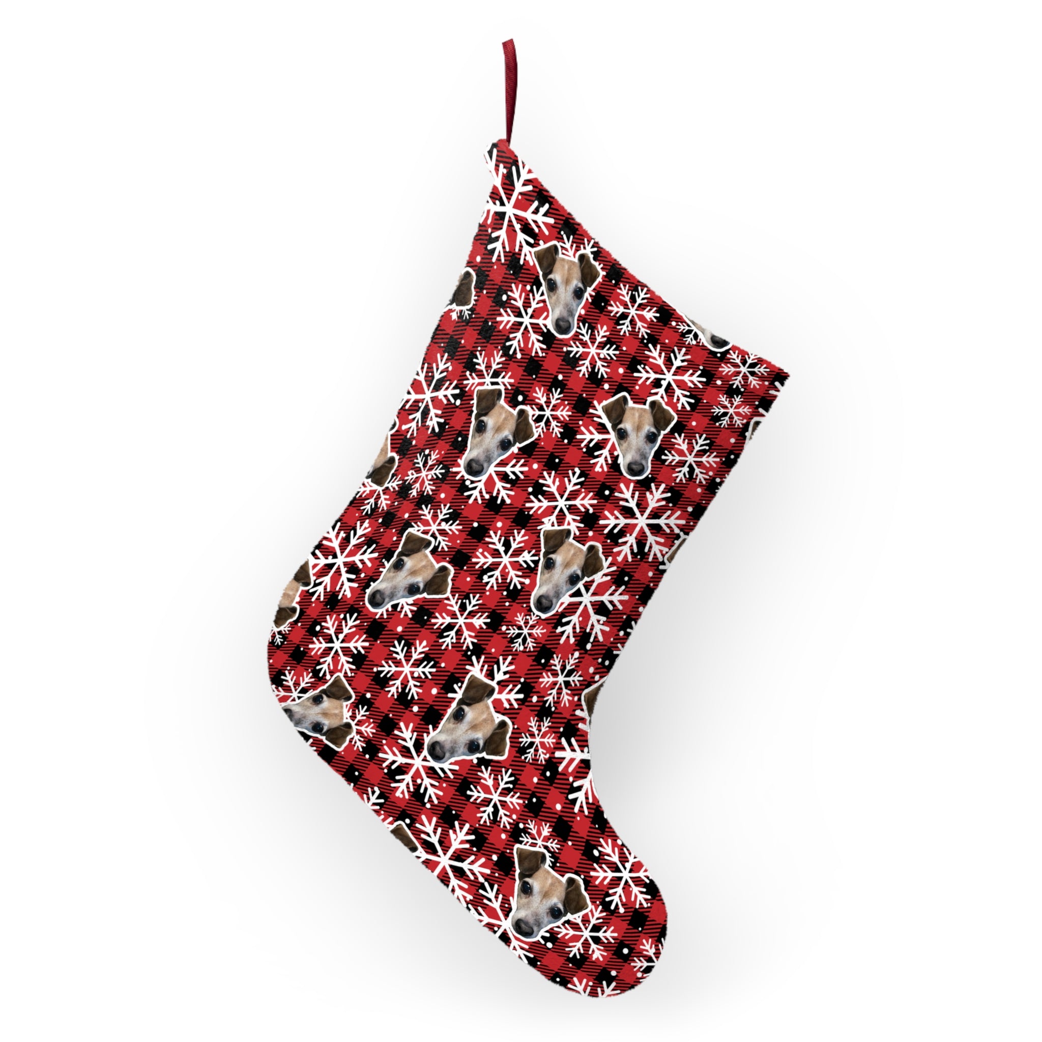 CUSTOM PET FACE Christmas Stocking. Plaid Snowflakes Print.