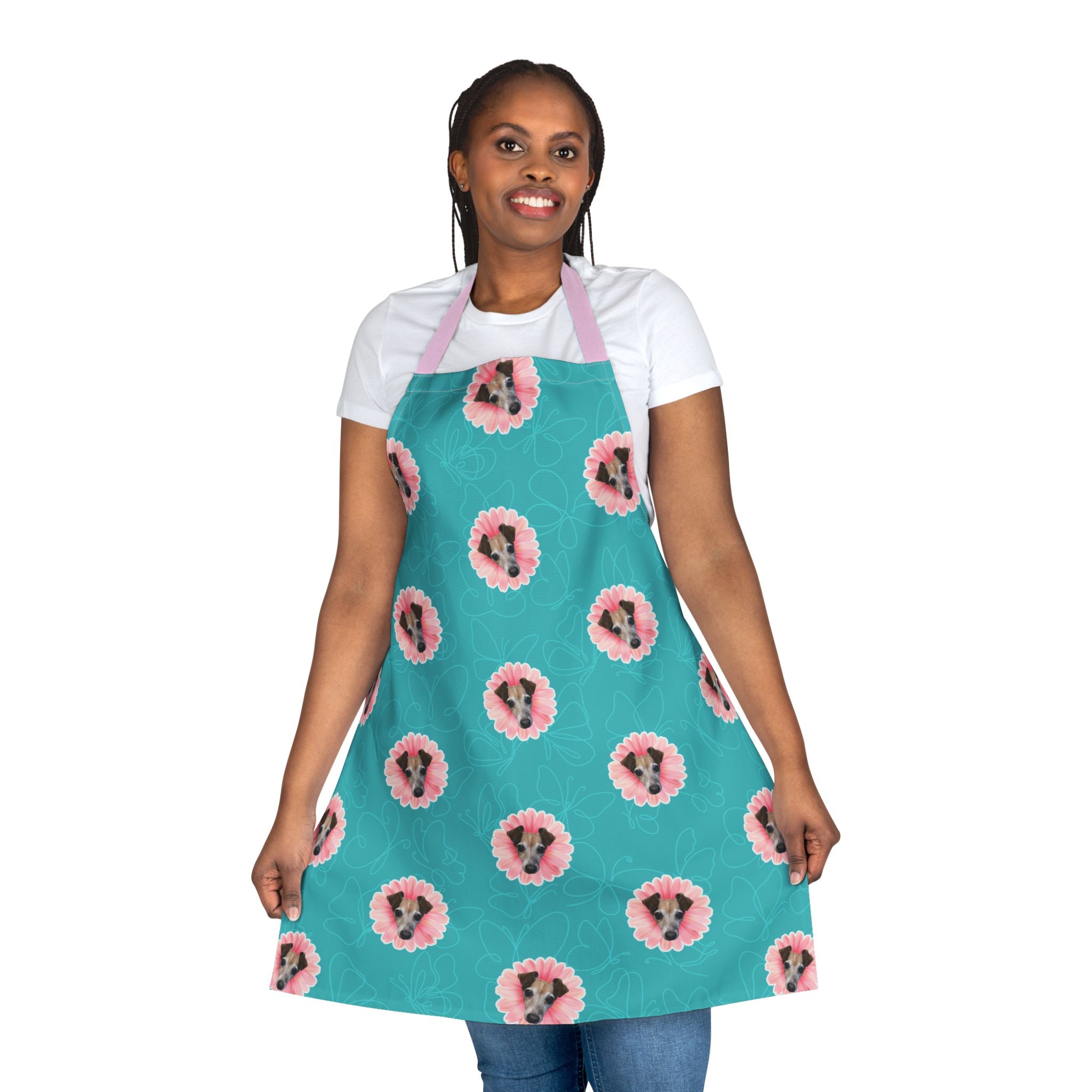 CUSTOM PET FACE Kitchen Apron. Pink Daisy Print.