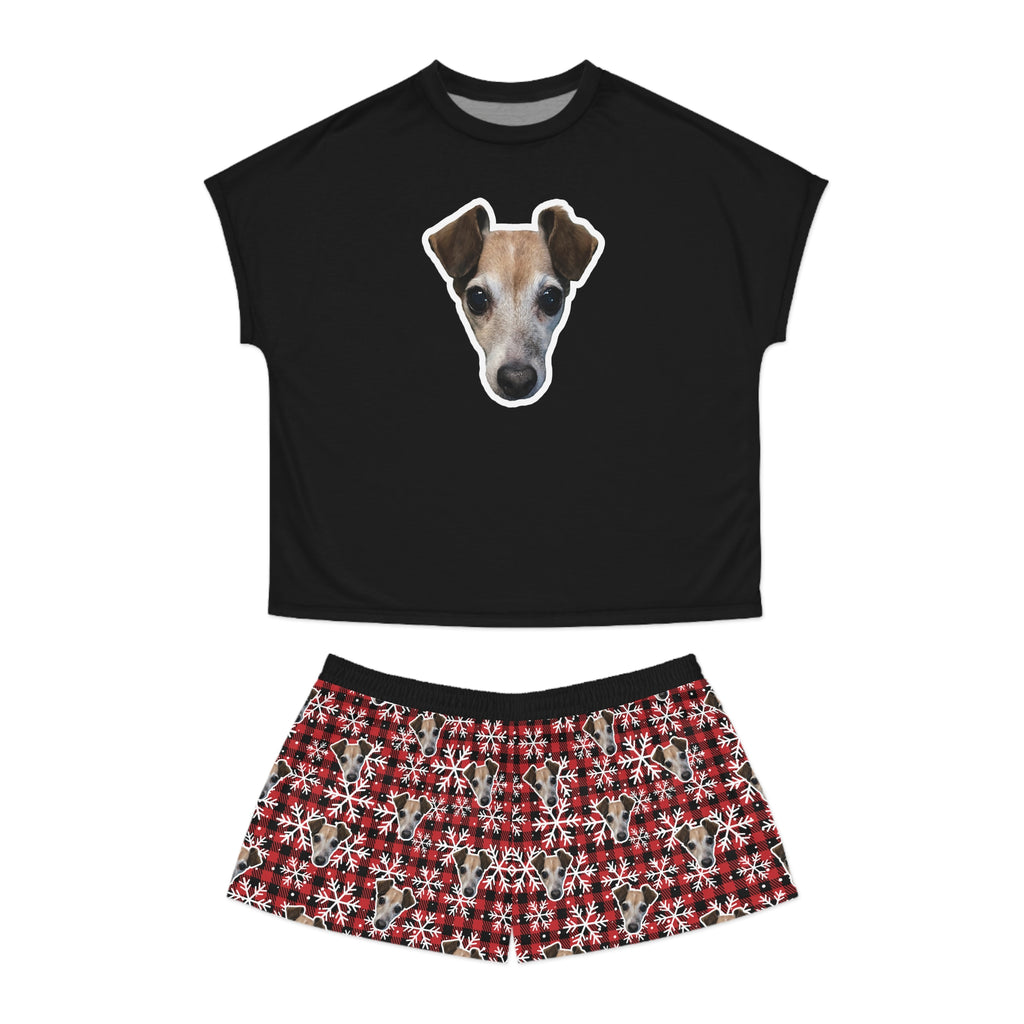 CUSTOM PET FACE Women's Short Pajama Set. Plaid Snowflakes Print.