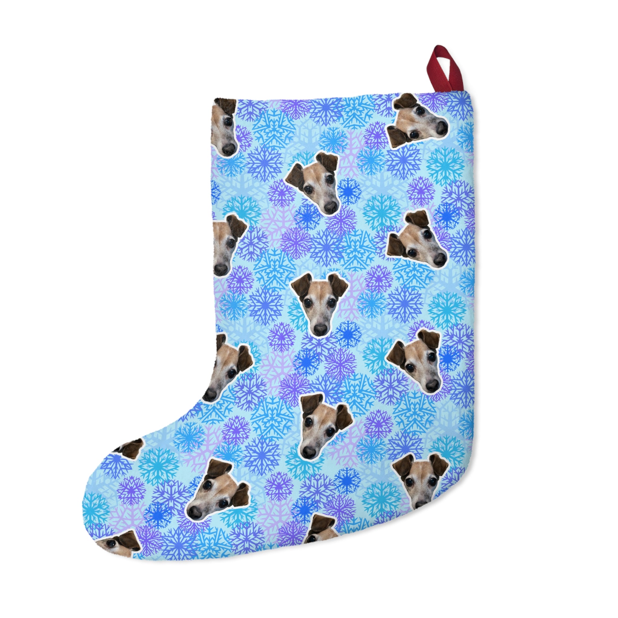 CUSTOM PET FACE Christmas Stocking. Frozen Snowflakes Print.
