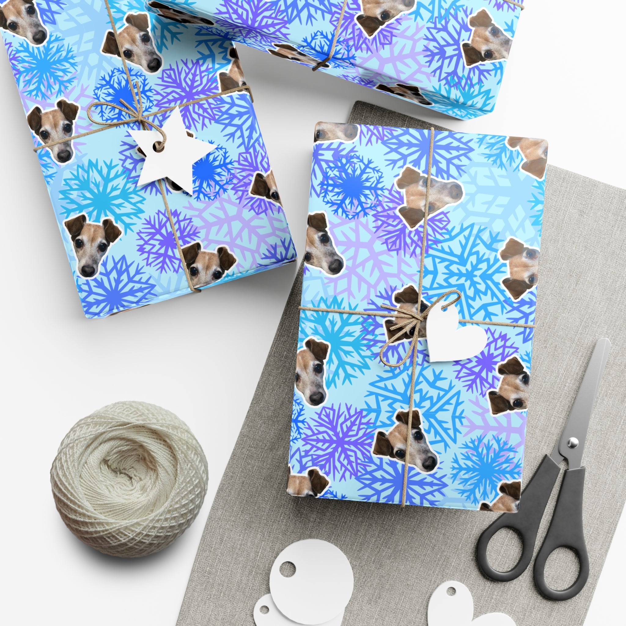 CUSTOM PET FACE Gift Wrap Paper. Frozen Snowflakes Print.
