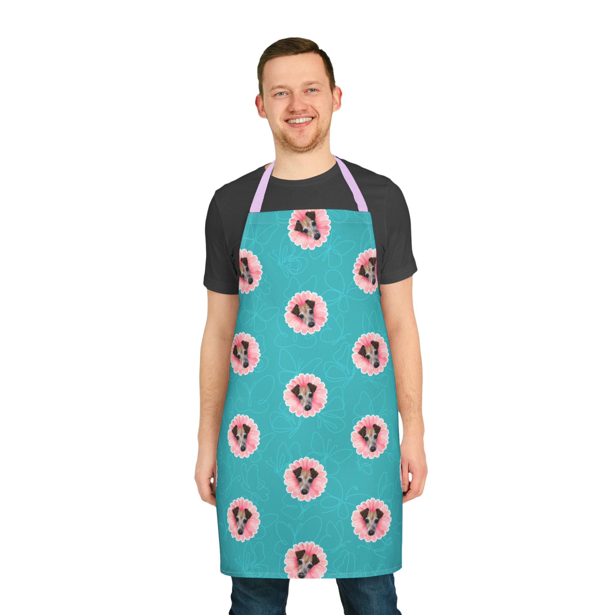 CUSTOM PET FACE Kitchen Apron. Pink Daisy Print.