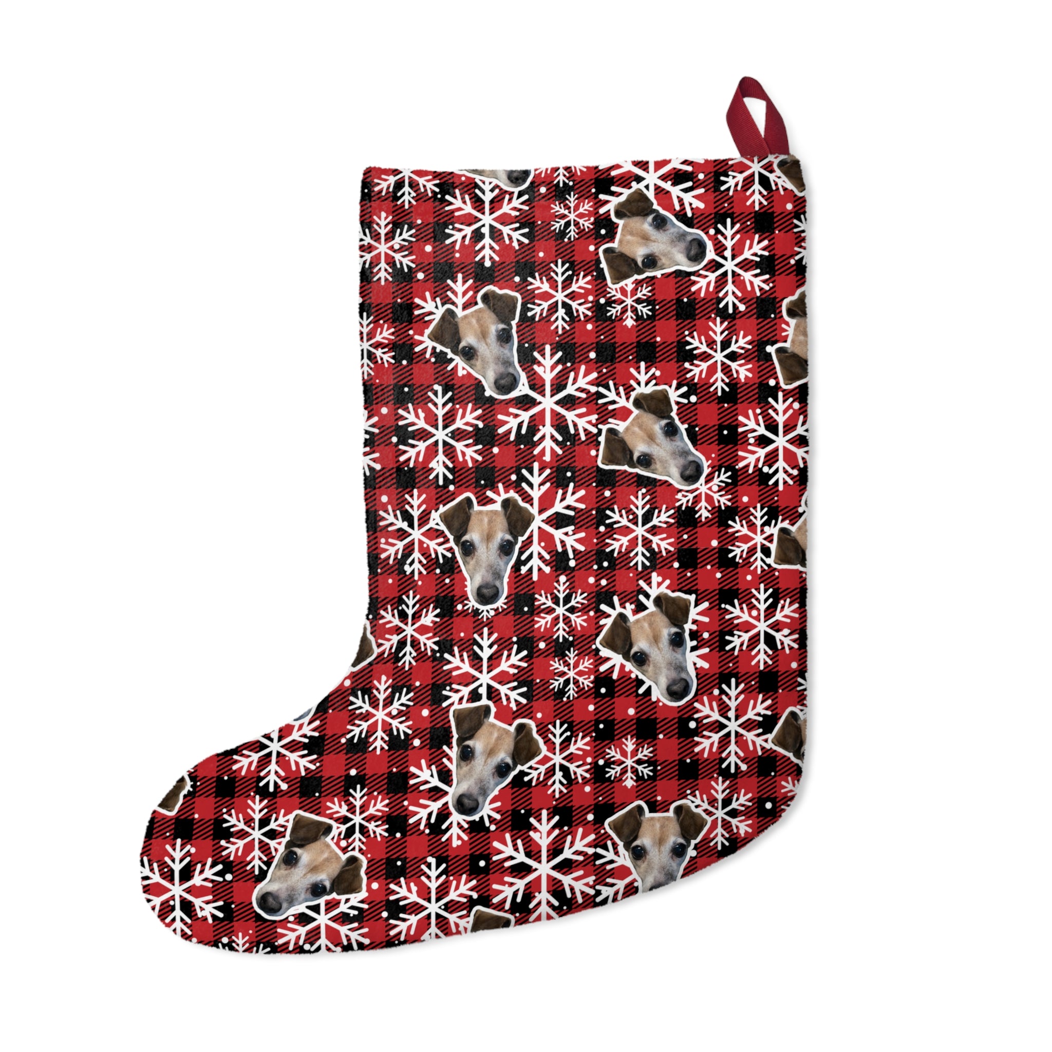 CUSTOM PET FACE Christmas Stocking. Plaid Snowflakes Print.