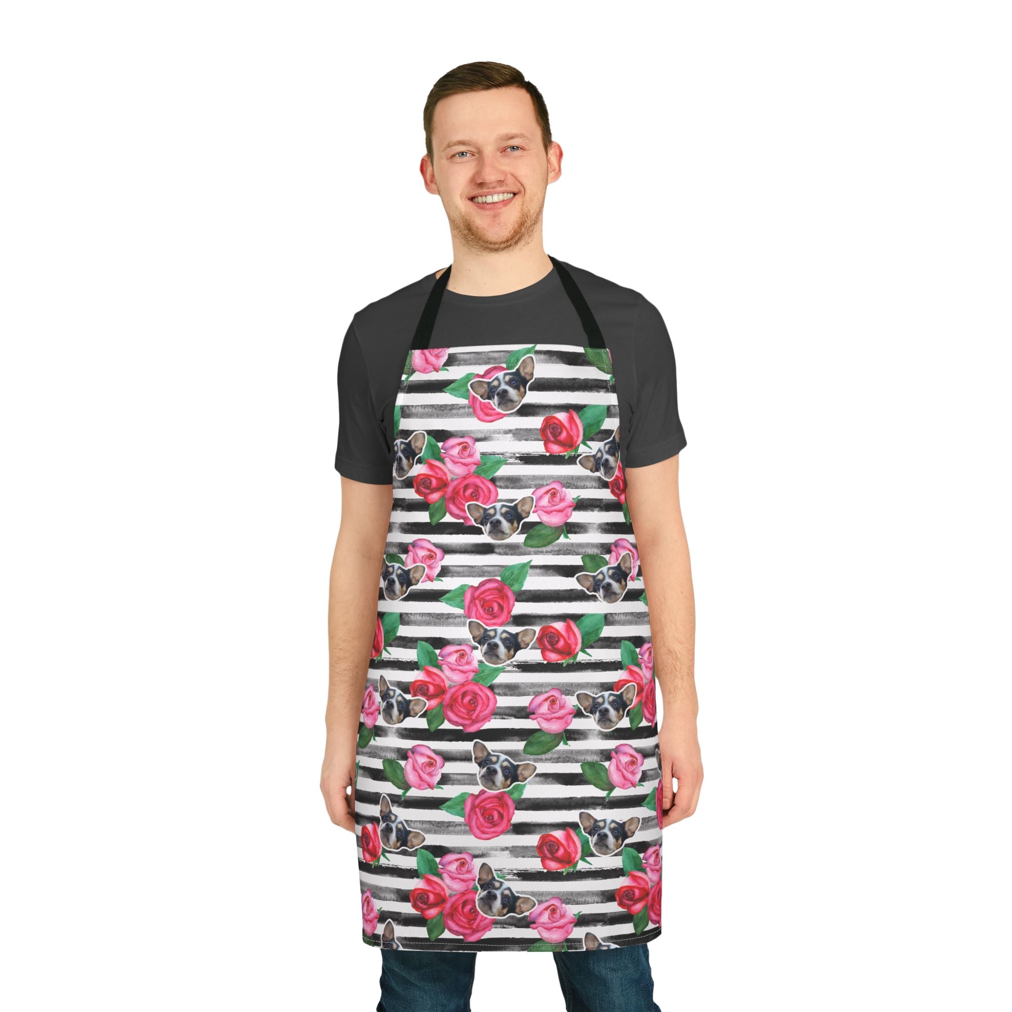CUSTOM PET FACE Kitchen Apron. Stripes & Roses Print.
