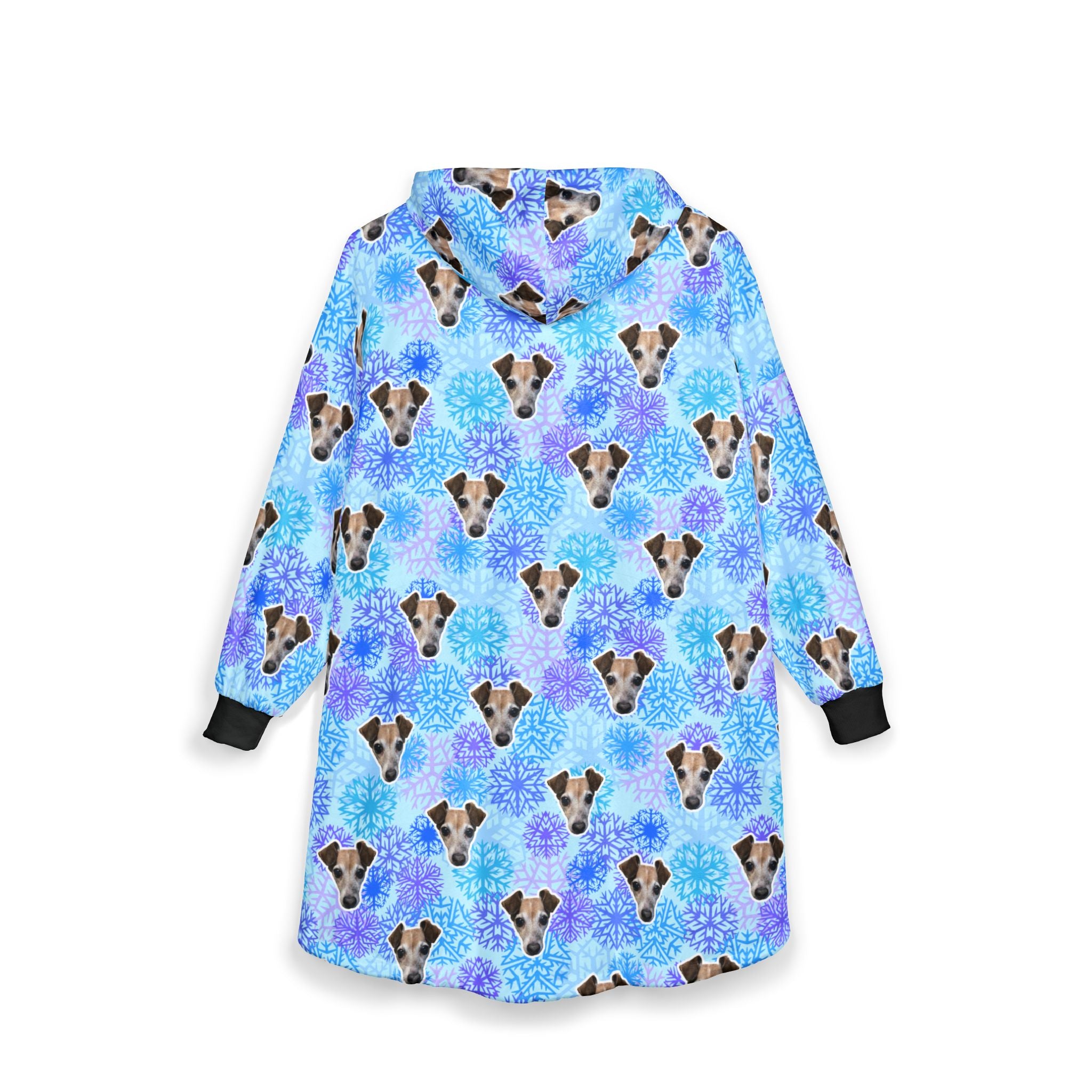 CUSTOM PET FACE Cozy Hooded Blanket. Frozen Snowflakes Print.
