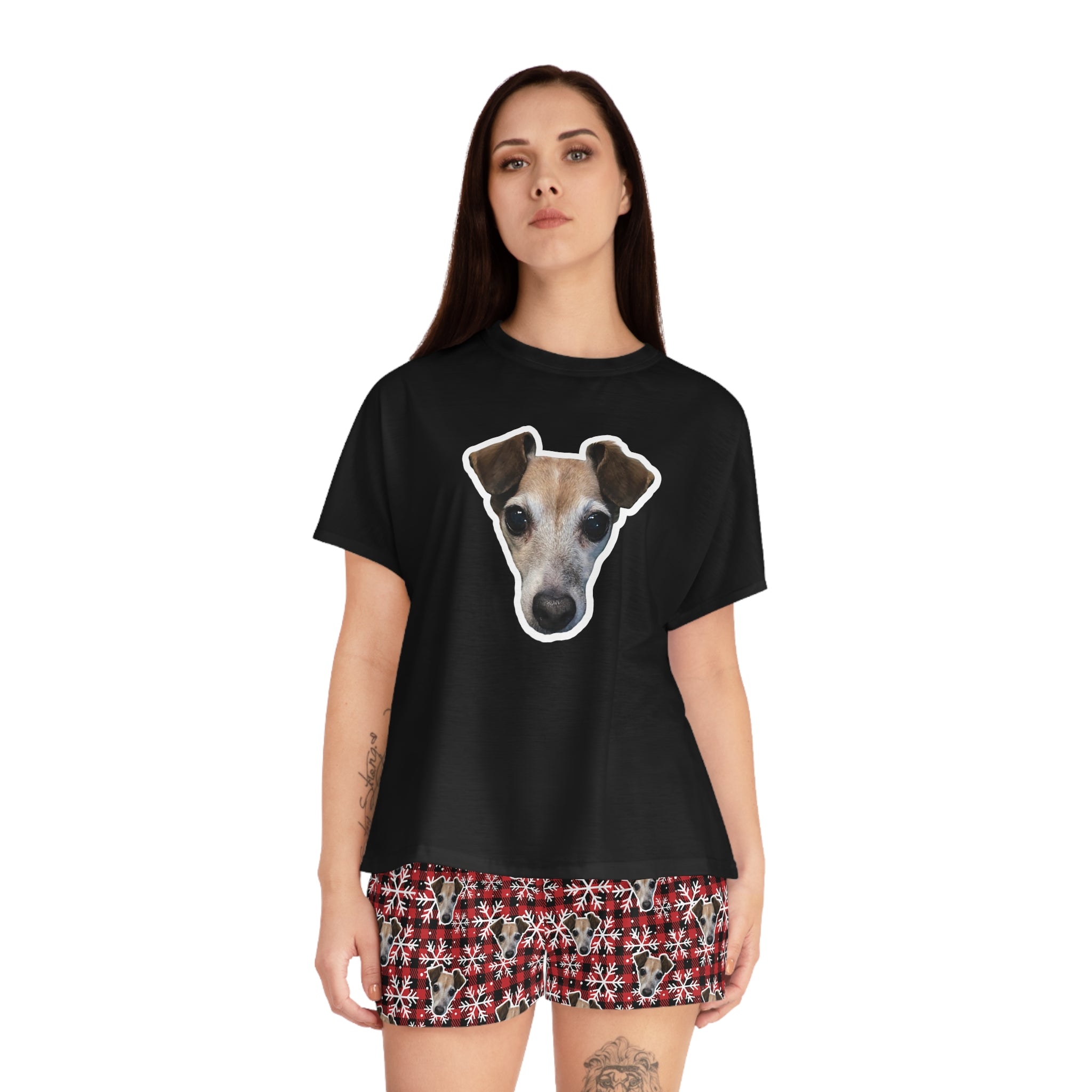 CUSTOM PET FACE Women's Short Pajama Set. Plaid Snowflakes Print.
