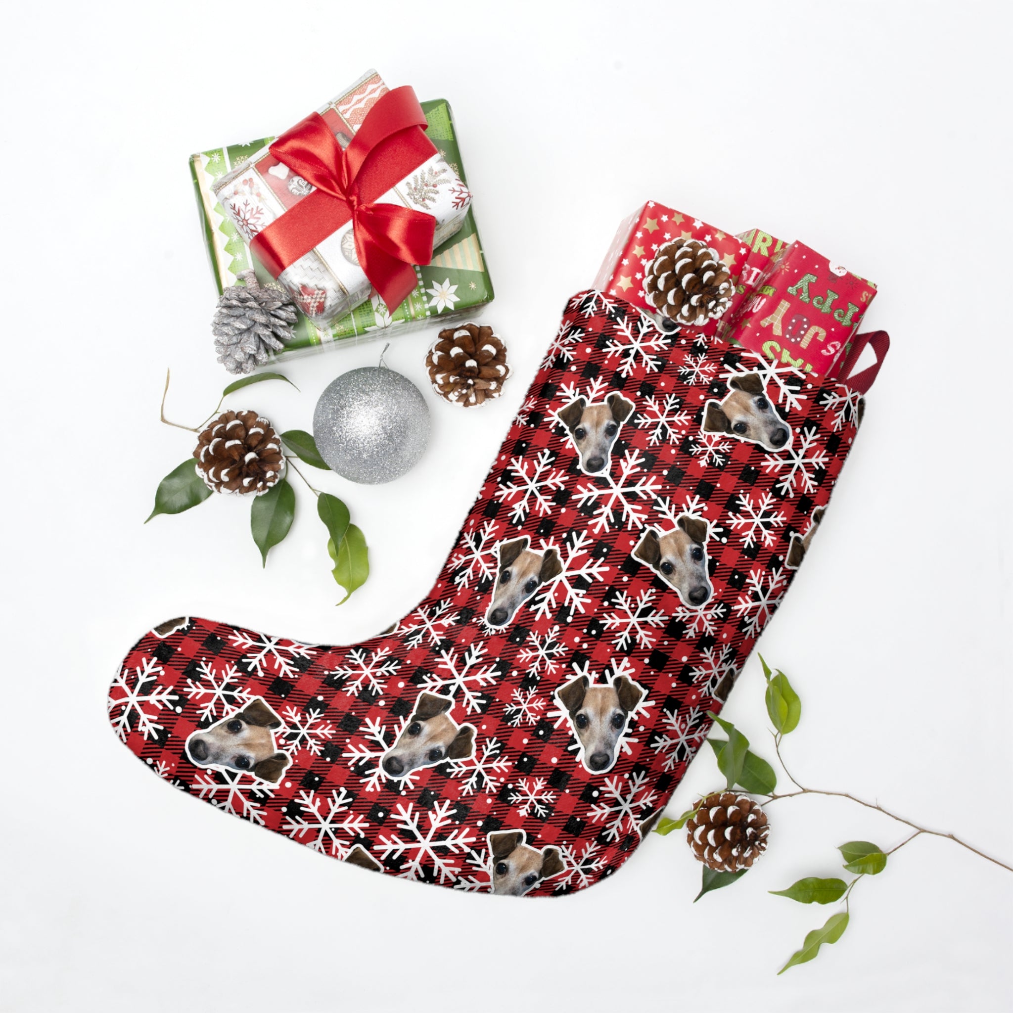 CUSTOM PET FACE Christmas Stocking. Plaid Snowflakes Print.
