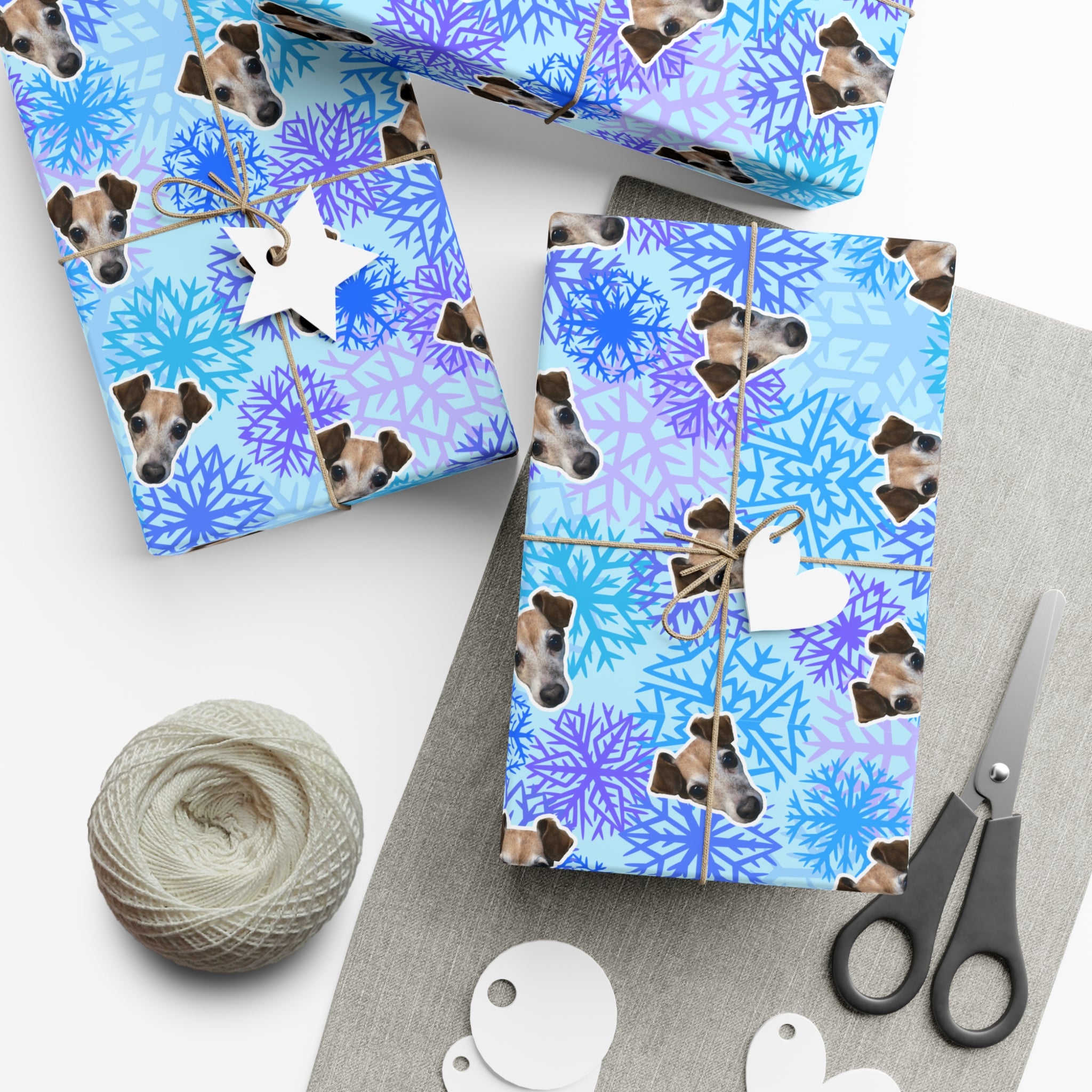 CUSTOM PET FACE Gift Wrap Paper. Frozen Snowflakes Print.