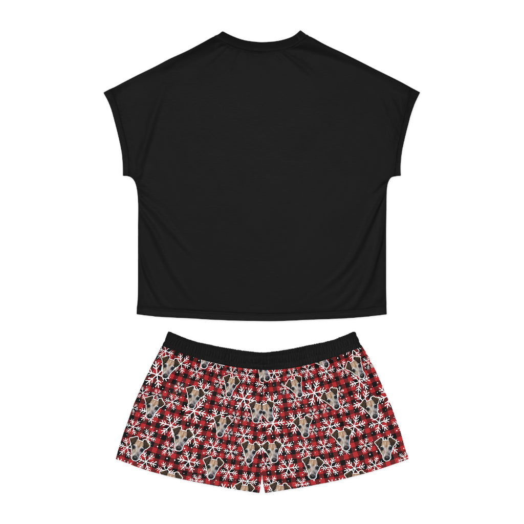 CUSTOM PET FACE Women's Short Pajama Set. Plaid Snowflakes Print.