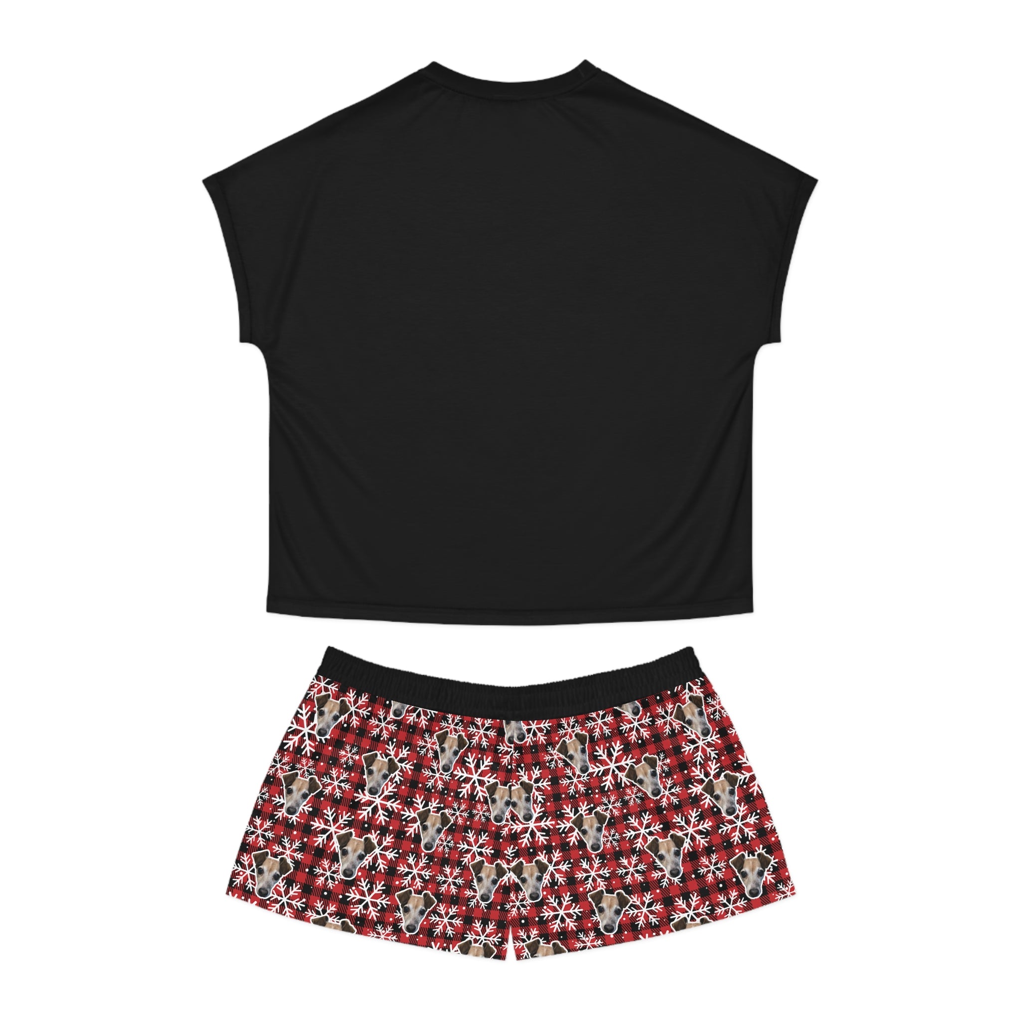 CUSTOM PET FACE Women's Short Pajama Set. Plaid Snowflakes Print.
