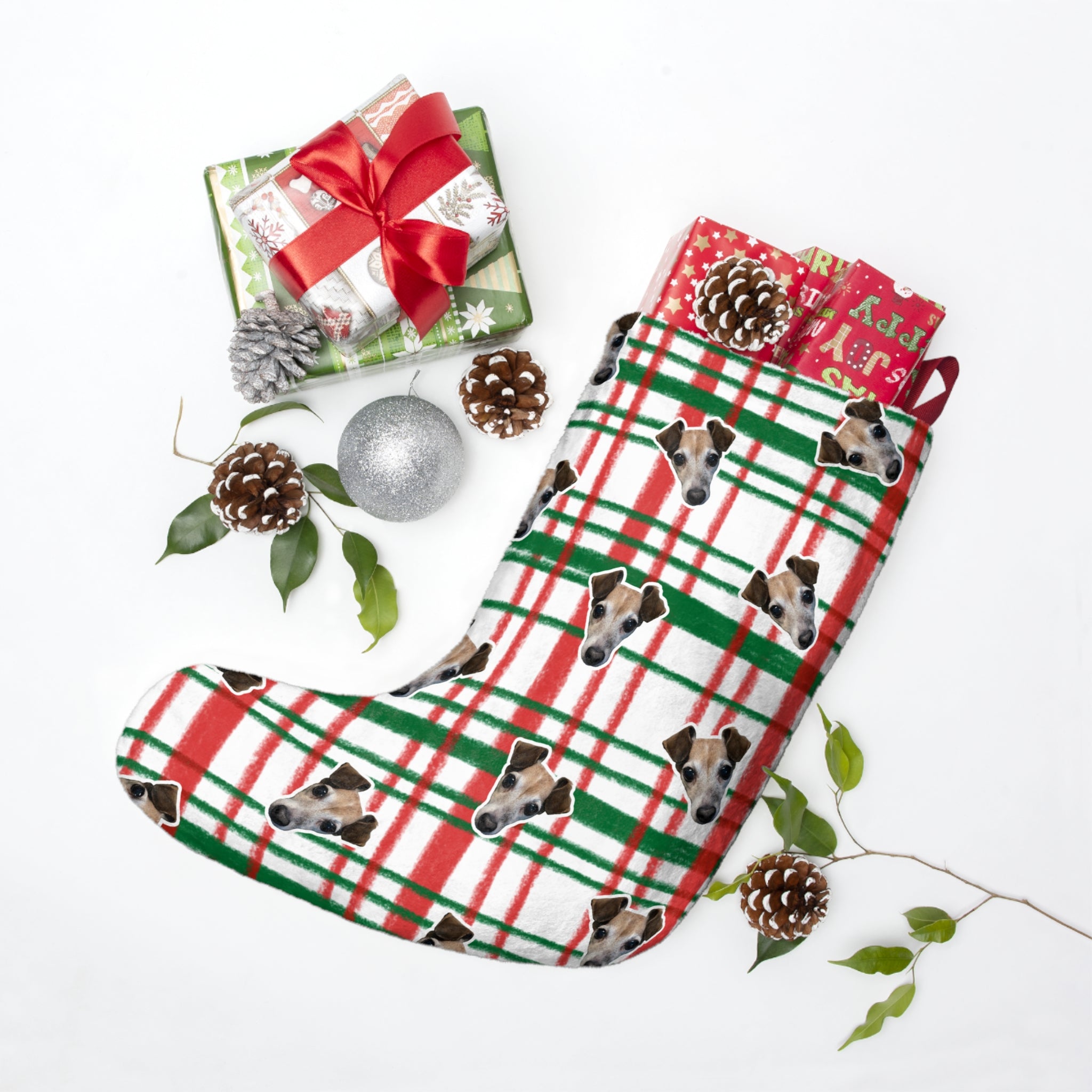 CUSTOM PET FACE Christmas Stocking. Christmas Plaid Print.