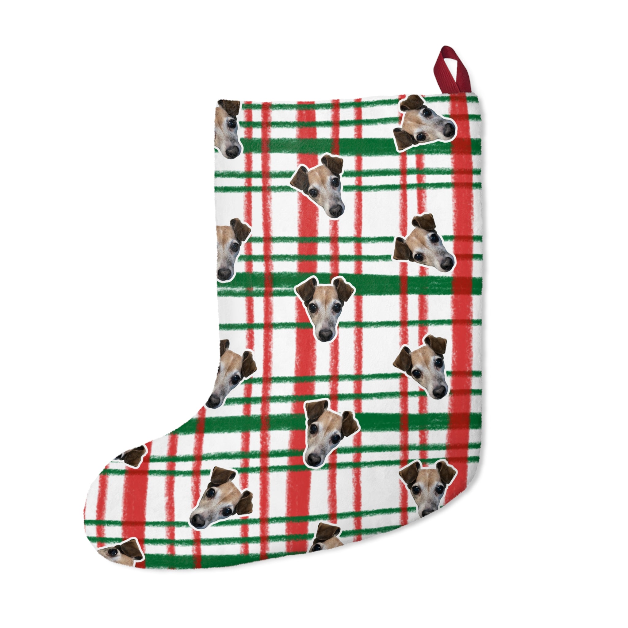 CUSTOM PET FACE Christmas Stocking. Christmas Plaid Print.