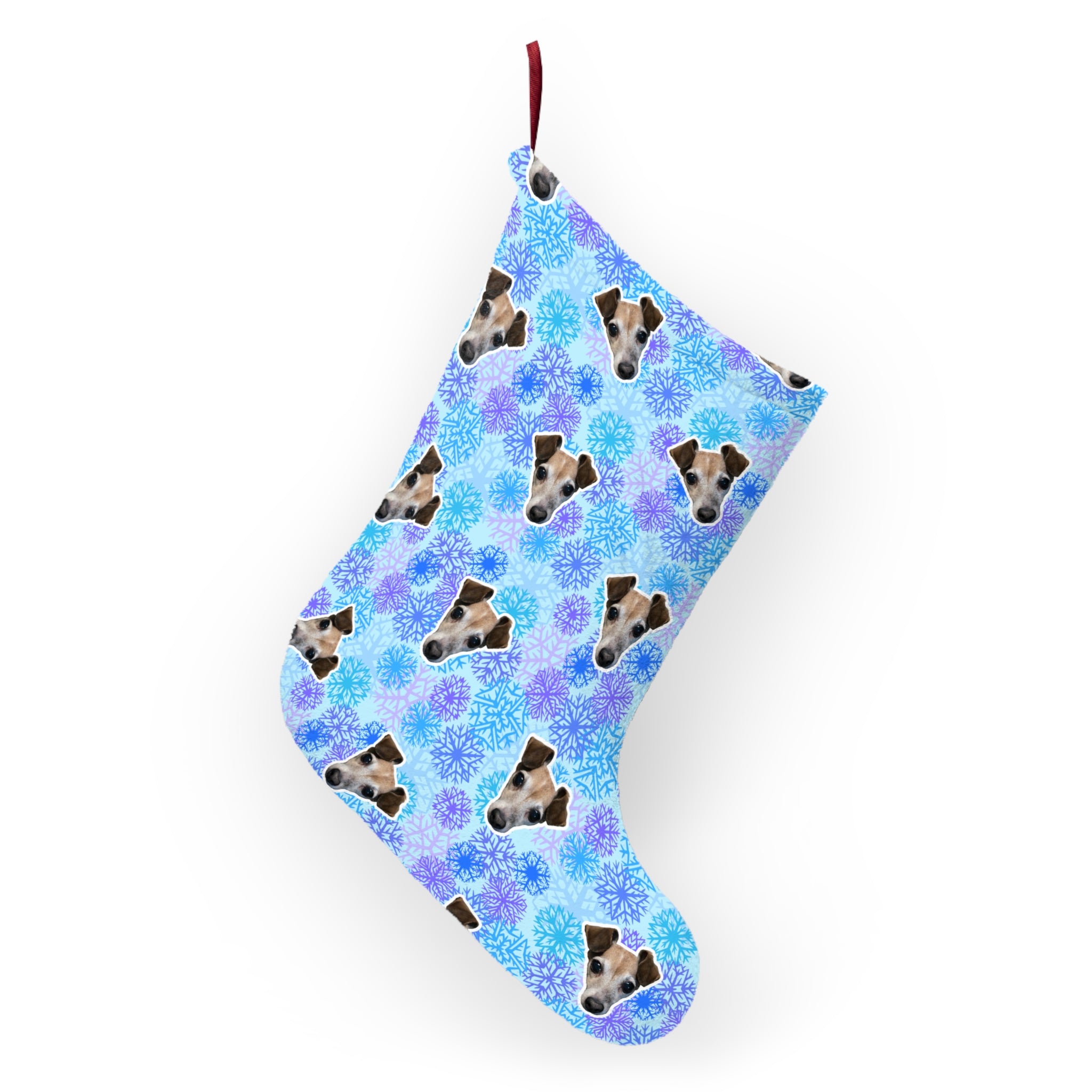 CUSTOM PET FACE Christmas Stocking. Frozen Snowflakes Print.
