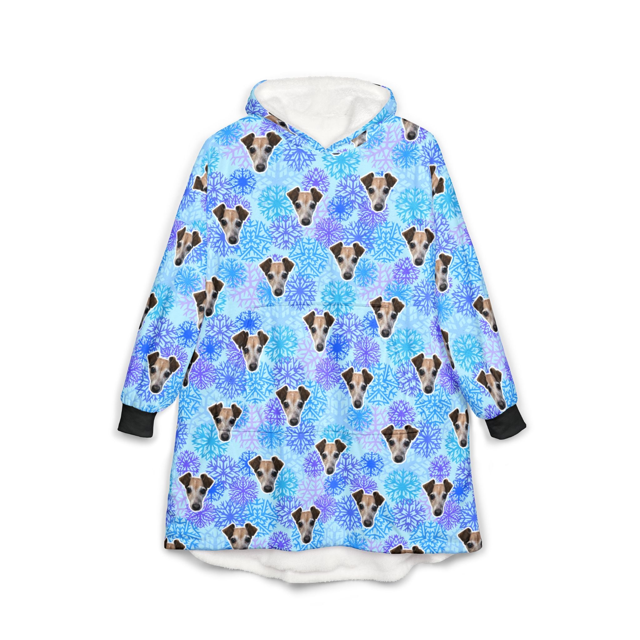 CUSTOM PET FACE Cozy Hooded Blanket. Frozen Snowflakes Print.