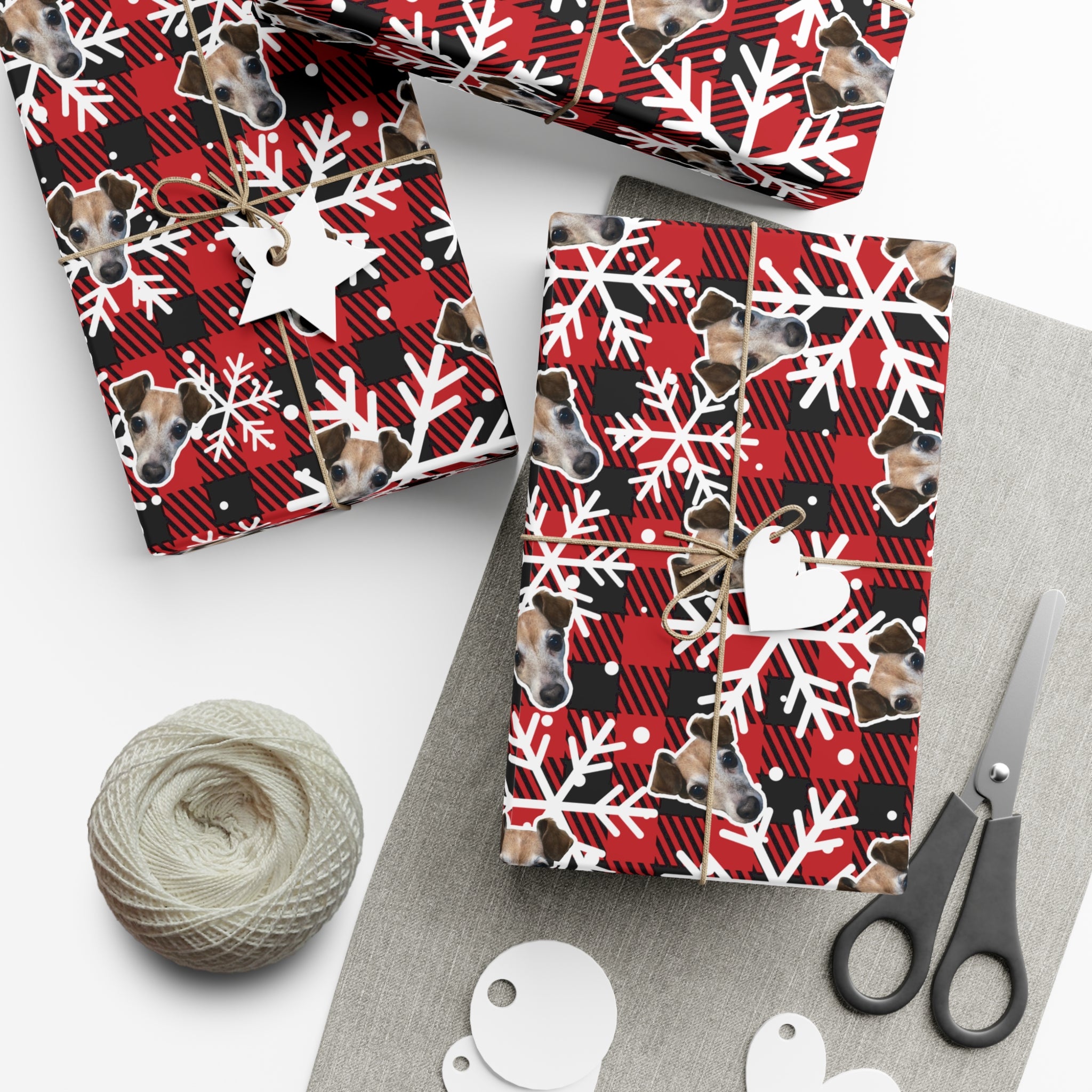 CUSTOM PET FACE Gift Wrap Paper. Plaid Snowflakes Print.