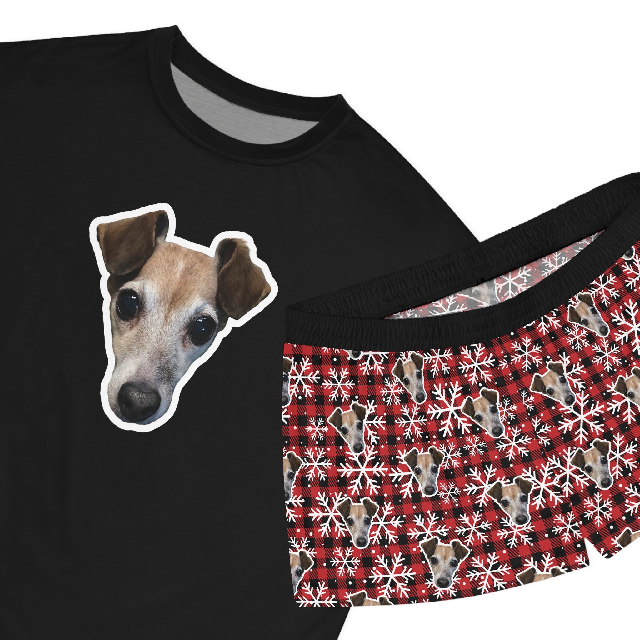 CUSTOM PET FACE Women's Short Pajama Set. Plaid Snowflakes Print.