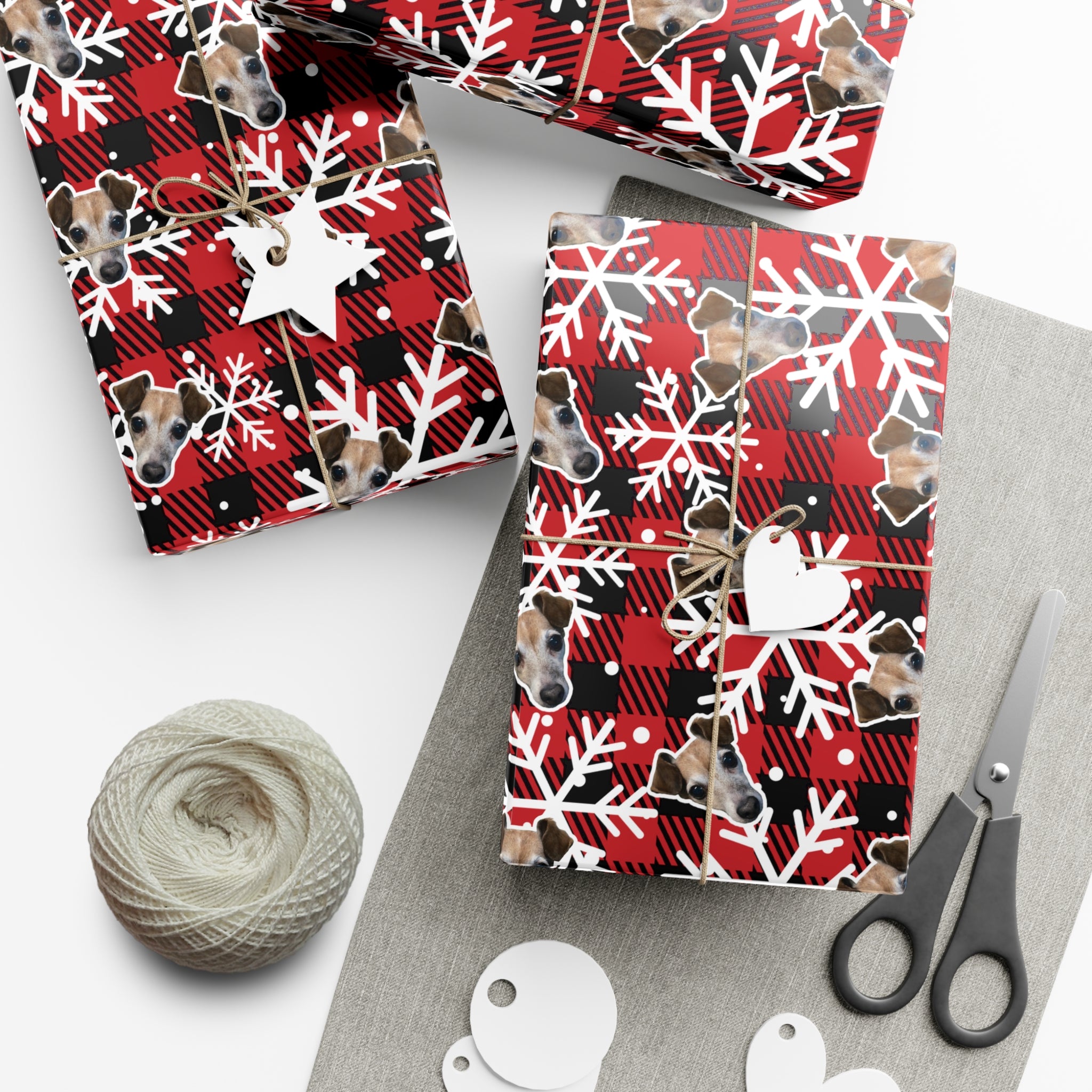 CUSTOM PET FACE Gift Wrap Paper. Plaid Snowflakes Print.