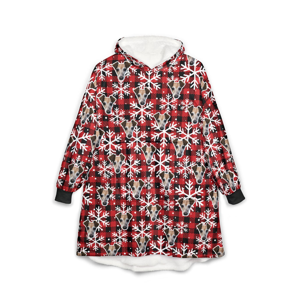 CUSTOM PET FACE Cozy Hooded Blanket. Plaid Snowflakes Print.