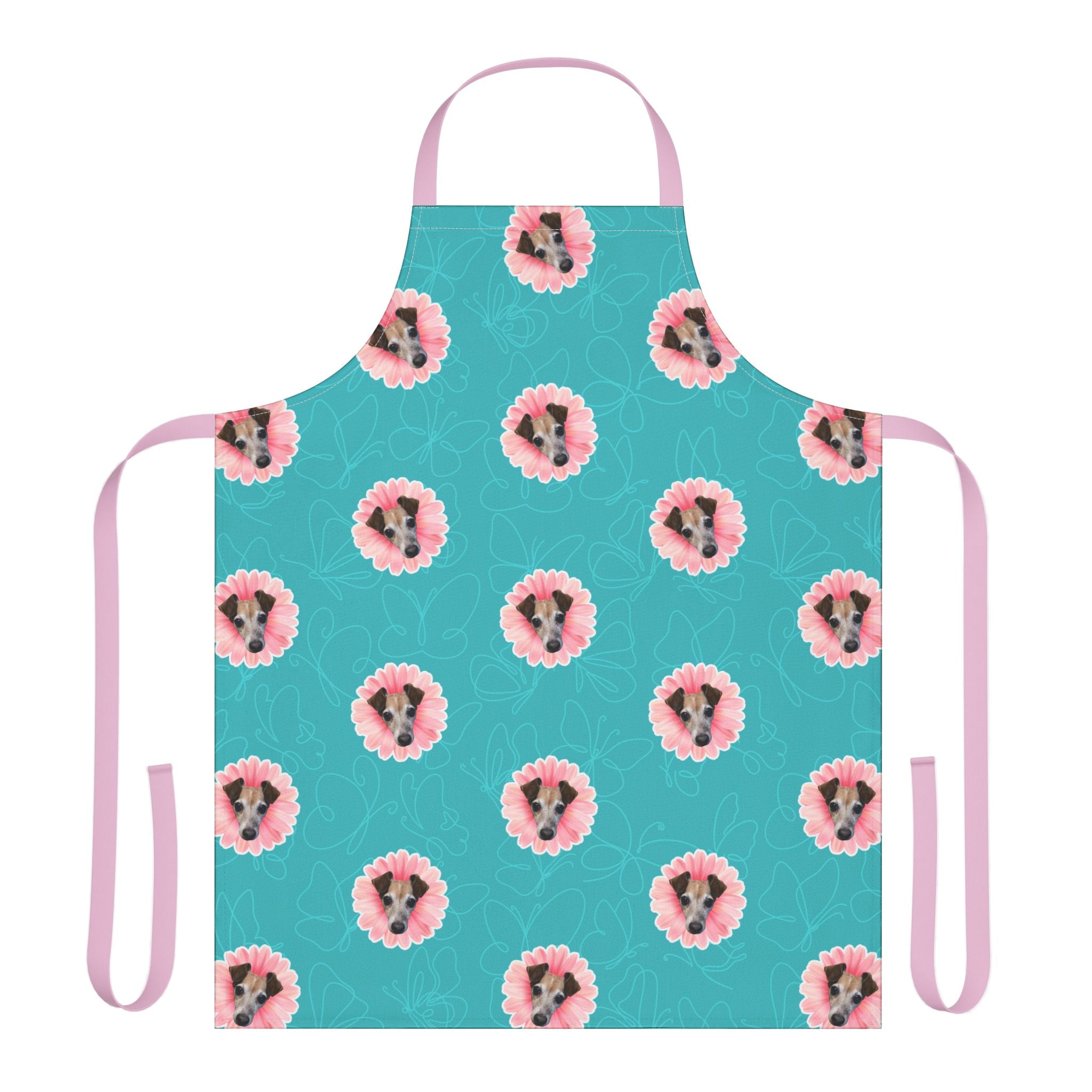 CUSTOM PET FACE Kitchen Apron. Pink Daisy Print.