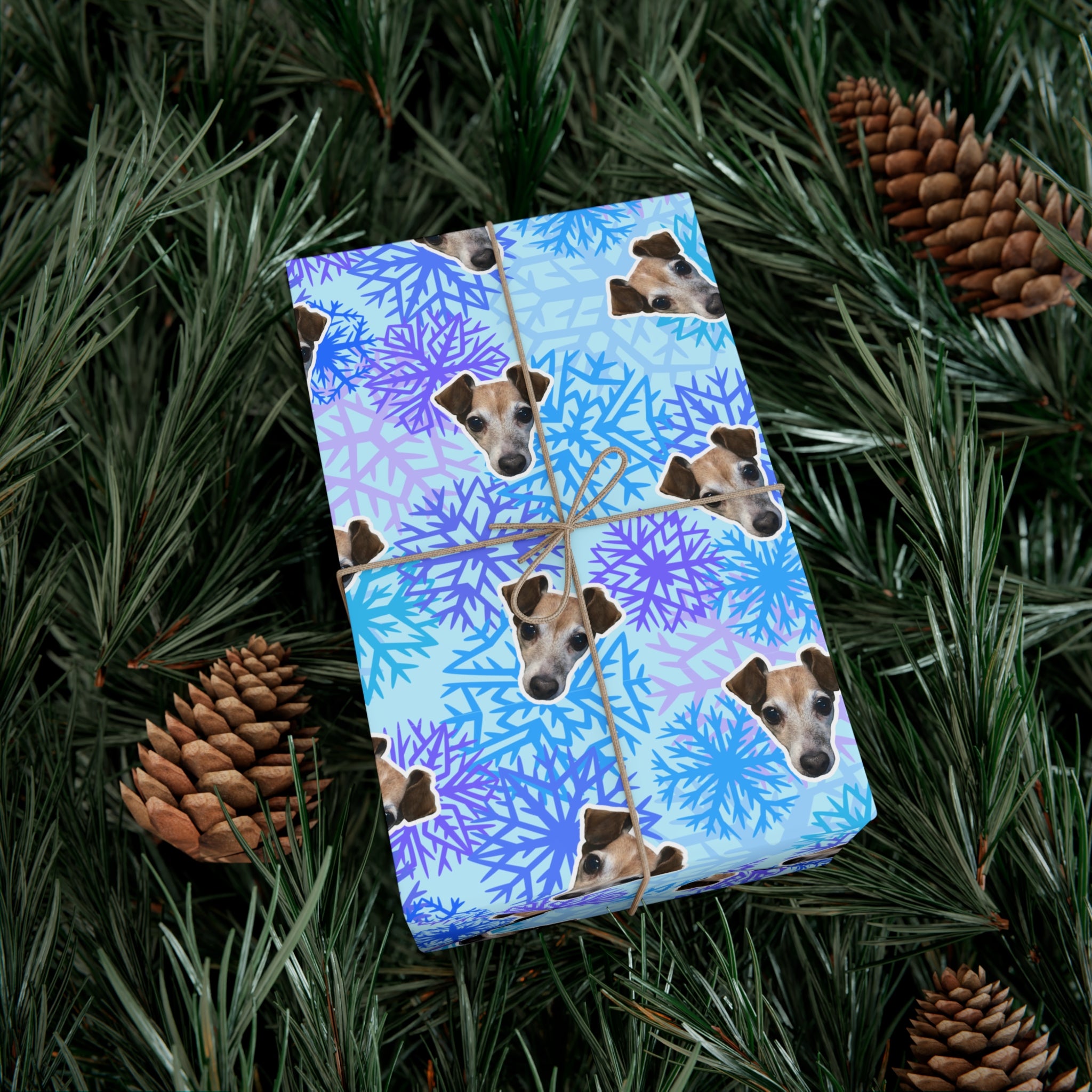 CUSTOM PET FACE Gift Wrap Paper. Frozen Snowflakes Print.
